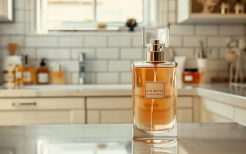 Eine Glasflasche mit bernsteinfarbener Flüssigkeit und einem rechteckigen Etikett steht auf einer Marmoroberfläche.