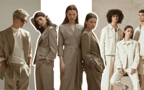Models showcase gender fluid fashion in neutral-toned suits and jackets, blurring traditional style lines.