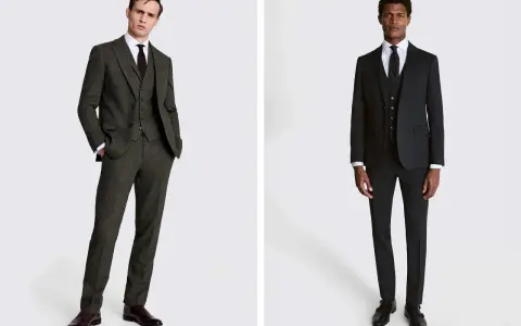 Two men in suits, showcasing options for what to wear to graduation male. One in a textured green suit, the other in a classic black suit.