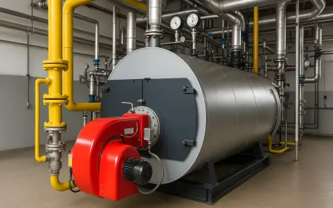 Gran caldera de vapor industrial con quemador rojo y tuberías amarillas.