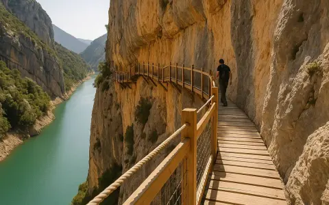Un excursionista camina por las escaleras de Montfalcó, un sendero de madera que serpentea por un acantilado sobre un río turquesa.