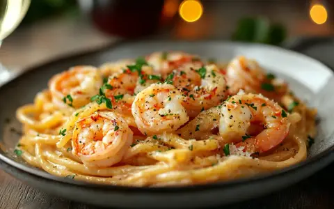 Pyszny makaron z krewetkami, posypany natką pietruszki i parmezanem, podany na talerzu.