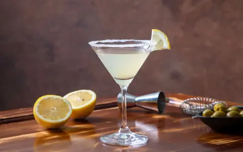 Orzeźwiający drink z martini, ozdobiony plasterkiem cytryny i solnym rantem. Obok leżą połówki cytryn, oliwki i akcesoria barmańskie. Idealny na domowe drinki z martini.