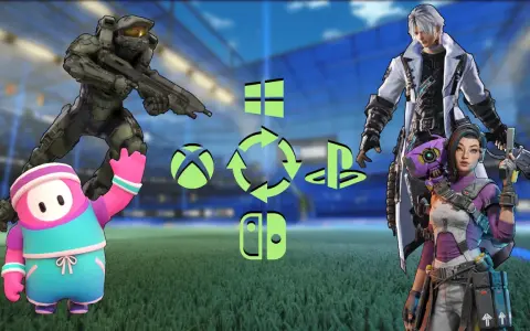 Master Chief, Fall Guy, and Apex Legends characters symbolizują gry cross play. Ikony Xbox, PlayStation, Switch i Windows.