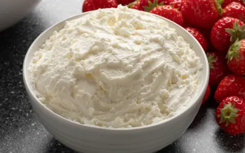 Cremiger Mascarpone in einer Schüssel, umgeben von frischen Erdbeeren. Perfekt für Tiramisu!