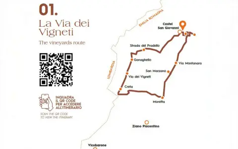 Mappa del percorso "La Via dei Vigneti" in Emilia Romagna, con tappe da Castel San Giovanni a Ziano Piacentino. Ideale per un viaggio enogastronomico.