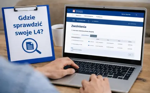 Clipboard z napisem "Gdzie sprawdzić swoje L4?" obok laptopa z widocznym panelem "Zwolnienia".