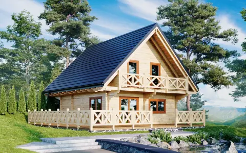 Piękny dom z bali w otoczeniu drzew. Zastanawiasz się, ile kosztuje postawienie domu z bali? Ten uroczy domek może być inspiracją.