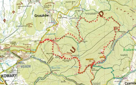 Mapka turystyczna z zaznaczonymi **rudawy janowickie szlaki**. Widoczne szczyty, doliny, strumienie i miejscowości.