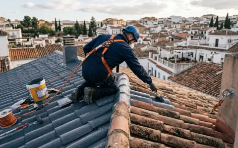 Trabajador realiza impermeabilización de tejados con equipo de seguridad, aplicando producto sobre tejas.
