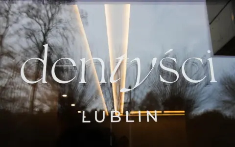 Napis "Dentyści Lublin" na szklanych drzwiach z odbiciem drzew i światła.