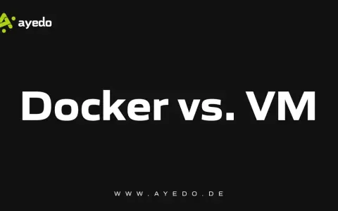Vergleich: Docker vs. VM. Die Ayedo-Webseite zeigt den Titel "Docker vs. VM" auf schwarzem Hintergrund.