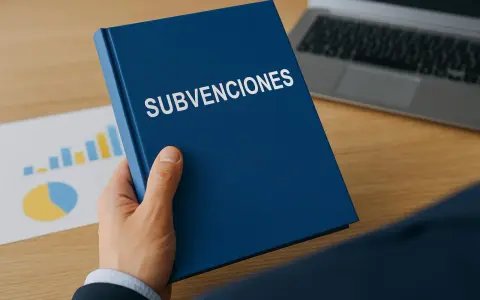 Mano sostiene un libro azul con "SUBVENCIONES" escrito. Detrás, gráficos y un portátil.