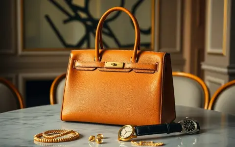 Un articolo di Hermès: borsa arancione in pelle, orologio, bracciale d'oro e orecchini su un tavolo di marmo.