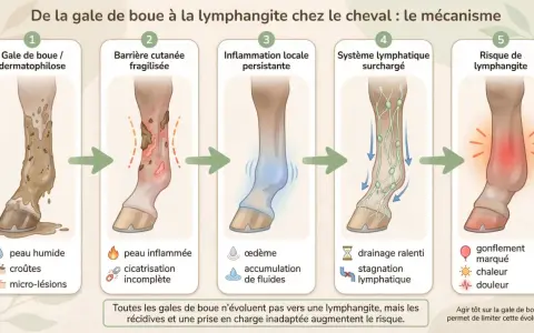 Schéma expliquant le passage de la gale de boue à la lymphangite chez le cheval : peau humide, inflammation, œdème, stagnation lymphatique, puis gonflement et douleur.