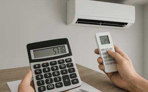 Calcolo del consumo energetico del condizionatore. Una mano tiene un telecomando impostato a 24 gradi, l'altra una calcolatrice con il numero 571.6.