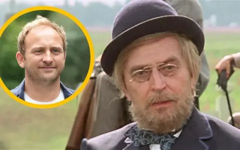 Portret mężczyzny w okularach i meloniku obok portretu młodszego mężczyzny w okręgu.