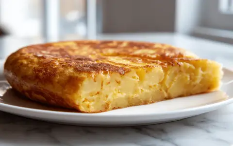 Złocista tortilla z airfryer, pyszna i prosta w przygotowaniu, z widocznymi kawałkami ziemniaków.
