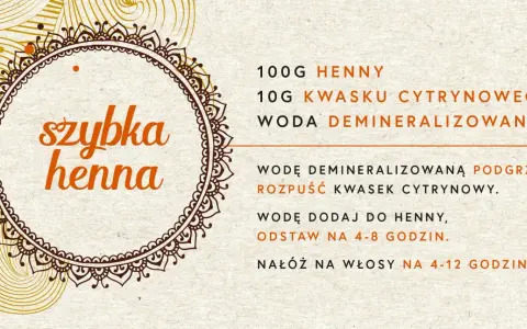 Instrukcja przygotowania henny: 100g henny, 10g kwasku cytrynowego, woda demineralizowana. Ile wody do henny? Podgrzej wodę, rozpuść kwasek, dodaj do henny.