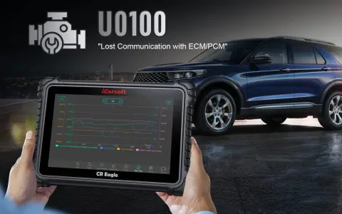 Diagnosing a U0100 code, "Lost Communication with ECM/PCM," with a diagnostic tablet showing engine data graphs.