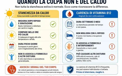 Stanchezza estiva: differenze tra colpi di calore e carenza di vitamina B12, che può causare disturbi persistenti.