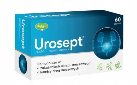 Opakowanie leku Urosept z grafiką układu moczowego i informacją o 60 tabletkach.
