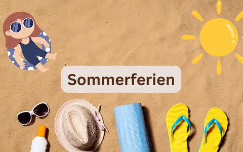 Sommerferien-Symbolbild: Kind im Schwimmring, Sonne, Hut, Sonnenbrille, Flip-Flops, Yogamatte auf Sand.
