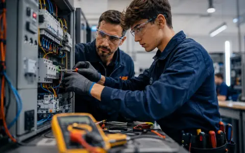 Giovane apprendista impara i segreti dei **corsi per elettricisti** con un esperto, lavorando su un quadro elettrico complesso.