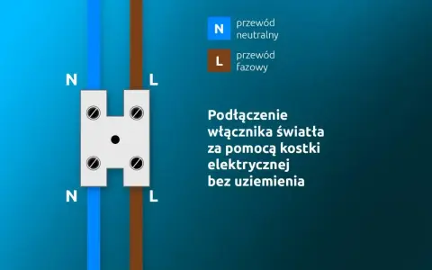 Schemat podłączenia włącznika światła za pomocą kostki elektrycznej. Pokazuje przewód neutralny (N) i fazowy (L) wchodzące do kostki.