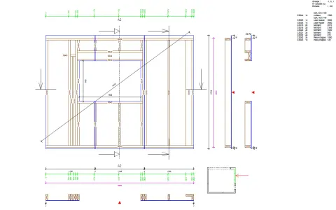 Plan ossature bois gratuit : vue en coupe d'un mur avec détails de dimensions et liste des pièces en bois.