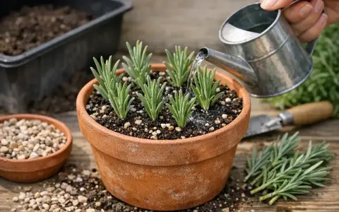 Arrosage de jeunes boutures de lavande dans un pot en terre cuite, prêtes à prendre racine.