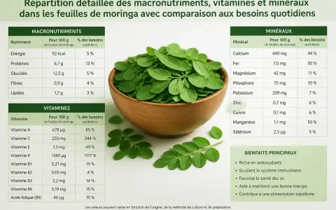 Feuilles de moringa dans un bol, avec un tableau détaillant les macronutriments, vitamines, minéraux et les bienfaits principaux du moringa.