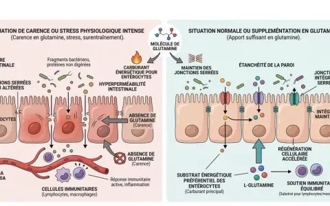 En cas de carence en glutamine, l'intestin devient perméable. L'apport de glutamine maintient l'intégrité intestinale et soutient le système immunitaire.