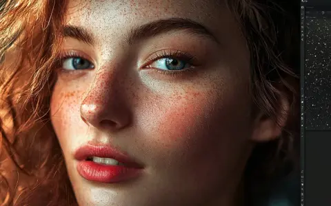 Portrait d'une rousse aux yeux bleus, peau parsemée de taches de rousseur. La **frequency separation** révèle la texture fine de sa peau.