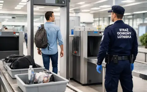 Przejście przez bramki na lotnisku. Mężczyzna z plecakiem idzie do kontroli bezpieczeństwa, a pracownik lotniska w mundurze nadzoruje proces.