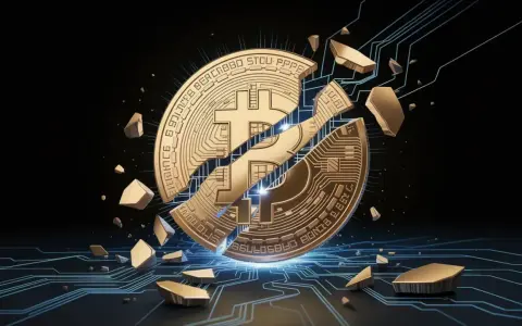 Złoty symbol Bitcoina rozpadający się na kawałki na tle cyfrowych obwodów.