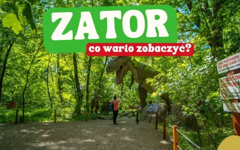 Zator atrakcje: człowiek robi zdjęcie gigantycznemu dinozaurowi w parku. W tle kolejne prehistoryczne zwierzęta i tablice informacyjne.