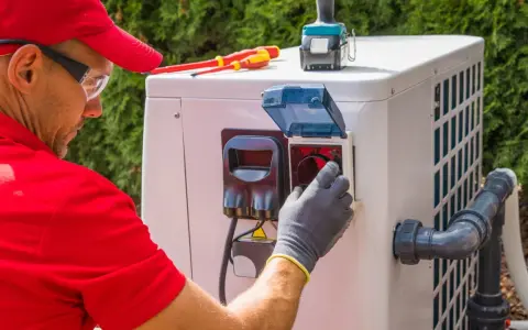 Technik w czerwonej koszulce i czapce reguluje pokrętło na pompie ciepła. Czy pompę ciepła można wyłączyć? Tak, za pomocą tego panelu.