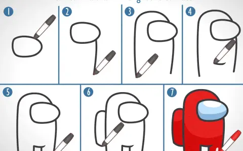Steg-för-steg-guide för att rita en Among Us-karaktär. Börja med en oval, lägg till ben och en visir. Färdigställ med en röd färg.