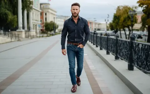 Mężczyzna w granatowej koszuli i jeansach, prezentujący stylowe koszula jeansowa męska stylizacje, idzie ulicą.