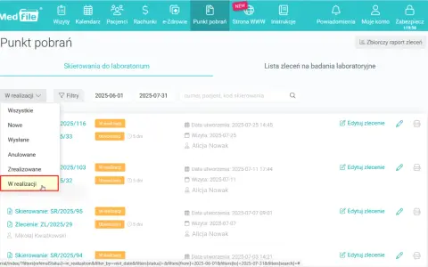 Widok listy skierowań do laboratorium, z zaznaczoną opcją "W realizacji". Widoczne są dane zleceń i pacjentów.