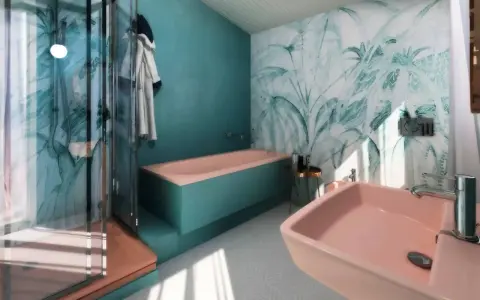 Bagno tropicale con vasca e lavabo rosa, doccia con carta da parati floreale. Idee per come rinnovare il bagno senza togliere le piastrelle.