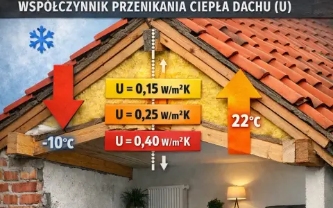 Przekrój dachu pokazuje izolację i jej wpływ na współczynnik przenikania ciepła (U). Różne wartości U (0,15, 0,25, 0,40 W/m²K) ilustrują straty ciepła.