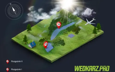 Trójwymiarowa mapa z zaznaczonymi punktami A i B na tle słonecznego krajobrazu z samolotem. To wizualizacja dla rogoźnik zalew.