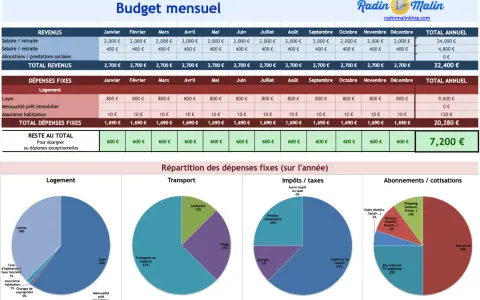 Budget mensuel détaillant la liste des charges d'une maison, avec répartition par catégorie (logement, transport, impôts, abonnements) et par mois.