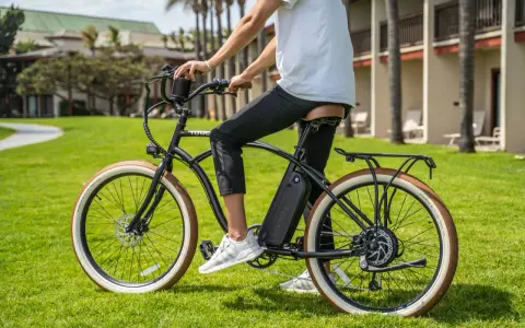 Mężczyzna na rowerze elektrycznym z baterią na ramie. Zastanawiasz się, jaki silnik do roweru elektrycznego wybrać? Ten model ma mocny silnik w tylnej piaście.