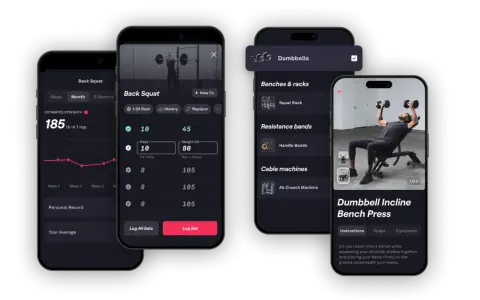 Gratis gym app visar träningsstatistik, övningsinstruktioner och loggning av set.