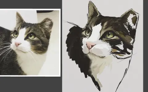 En konstnär försöker måla katt, med en bild av en katt till vänster och en pågående målning till höger.