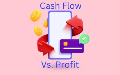 Illustration showing coins, a smartphone, a credit card, and arrows, representing the concept of cash flow vs. profit.