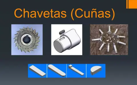 Diferentes tipos de chavetas y cuñas, incluyendo una rueda dentada, un eje con una chaveta insertada y varias chavetas sueltas.